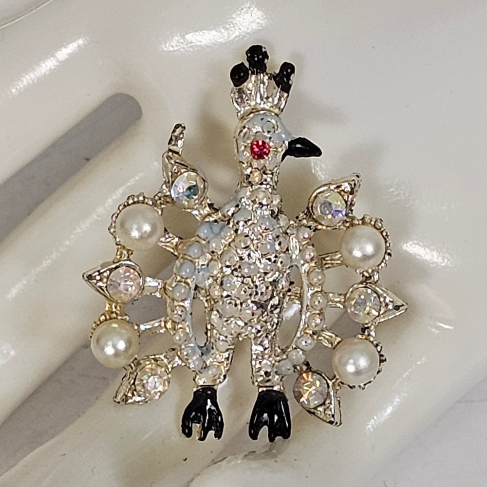 Vintage Peacock Bird Brooch Faux Pearl Aurora Borealis Rhinestone Silver Pin